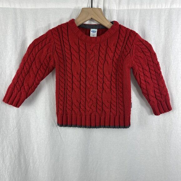 Old Navy Baby Vintage Red Cableknit Fisherman Wool Blend Sweater Size 2T Unisex - Picture 1 of 10